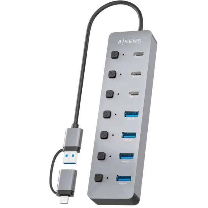 Aisens Hub USB 3.1 Gen 1 con 8 puertos, USB-C y USB-A, Gris